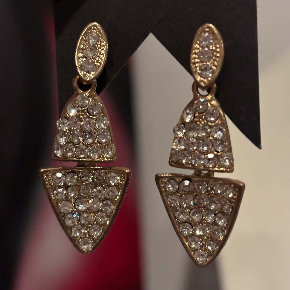 Gold-Tone Geometric Double Triangle Drop Earrings with Pavé Crystals - Picture 3 of 12